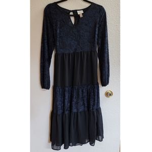Knox Rose Black Chiffon Peasant Style Dress with Blue Velvet Paneling